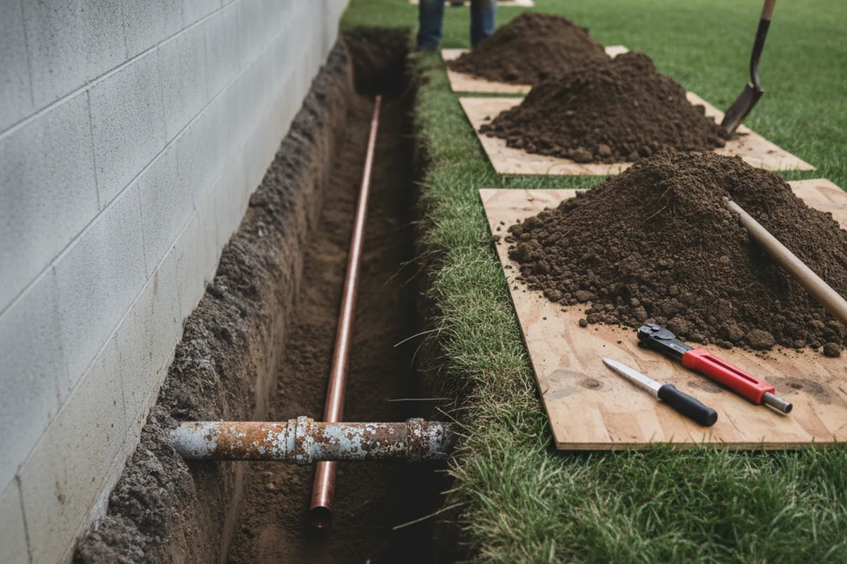 Excavated water line trench during Water Softener Installation in Fenwick Island